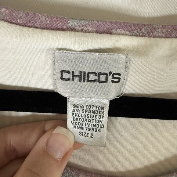 Chico's Blouse Women's Large Pink Purple Floral Beaded Round Neck Cotton Blend - Picture 3 of 12